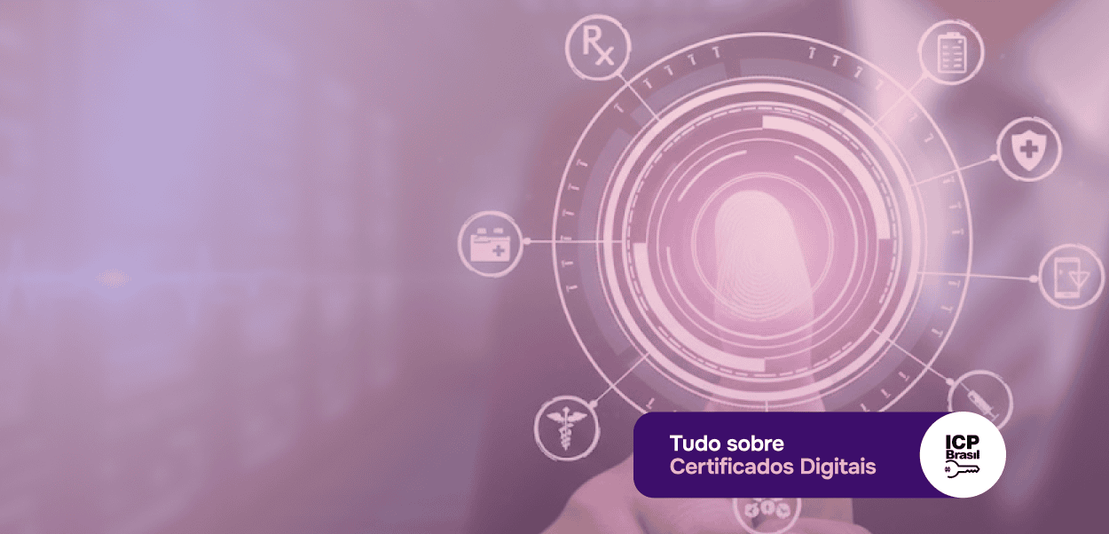 Banner do artigo informativo sobre certificados digitais e receita digital, exibindo uma interface tecnológica com biometria facial, ícones de saúde e o selo ICP-Brasil.